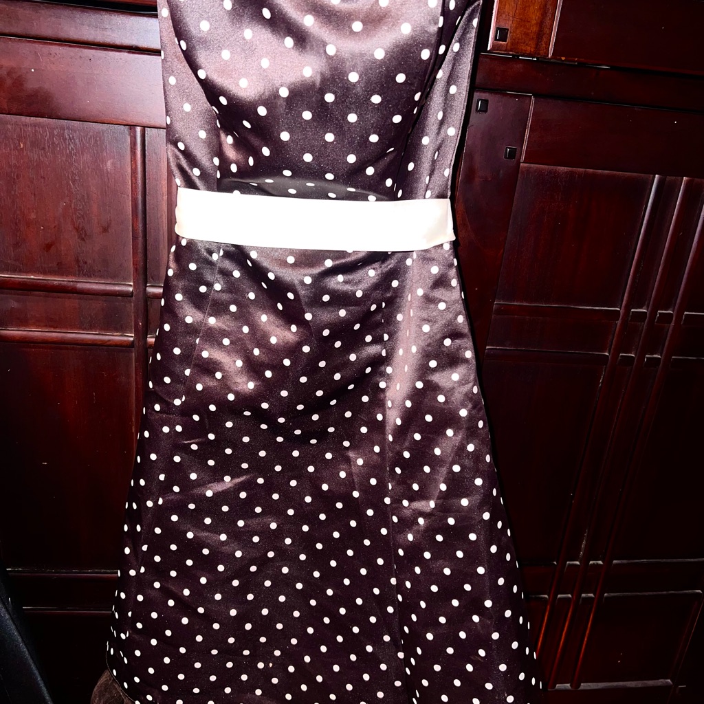 Vintage Gunne Sax Brown Polka Dot Midi Strapless Dress With White Silk Ribbon